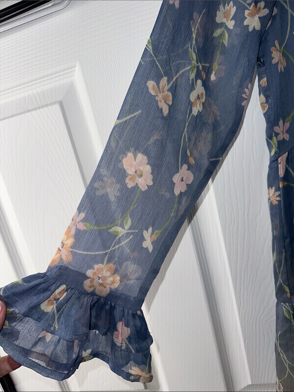 Patrons of Peace Blue Floral Tiered Midi Dress with Pink & Cream Accents - Picture 2 of 7